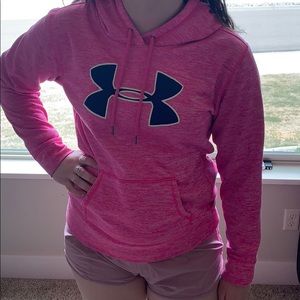 Hot pink with blue logo under armor sweatshirt